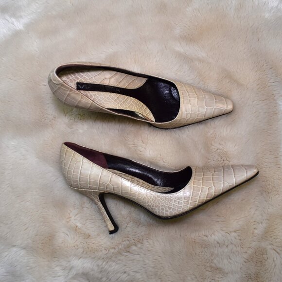 Via Spiga Beige Croc Embossed Stiletto Pumps Size 8 Square Toe Heels - Picture 12 of 15